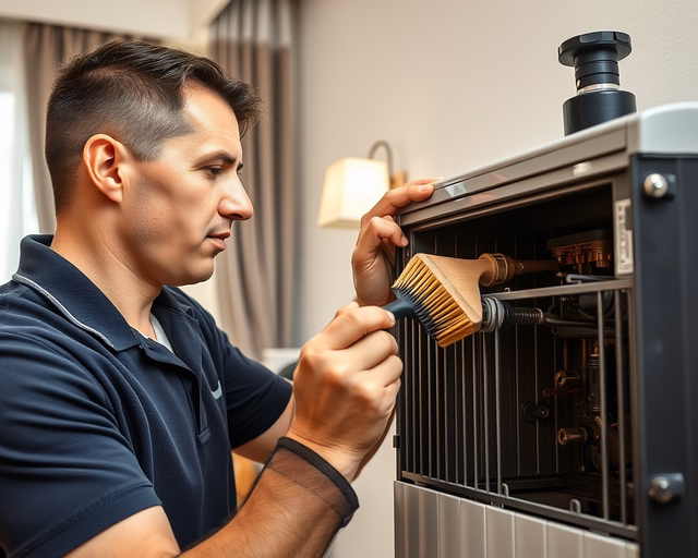 Egy szerelő óvatosan leszereli a régi konvektor burkolatát, megtisztítja és ellenőrzi a fűtőszálat; Konvektor felújítása közben korróziótalanítást és új szigetelést alkalmaz.