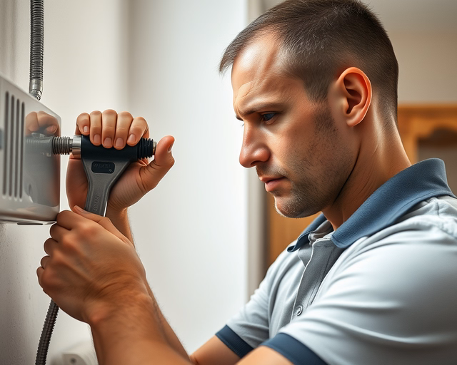 Szerelő óvatosan csatlakoztatja a konvektor gázcsövet a készülékhez, tömítést ellenőrizve és nyomáspróbát végezve a biztonságos, szivárgásmentes kapcsolatért.