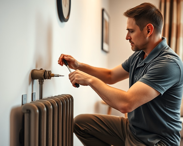 Szerelő finoman állítja a konvektor lángjának beállítása során a szabályzó csavart, miközben figyeli a kék láng magasságát és a nyomásmérőt a biztonságos égésért.