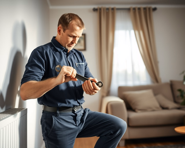 Konvektor leszerelése: szakember gumikesztyűben lekapcsolja a fűtéscsapot, leereszti a rendszert, majd csavarhúzóval és villáskulccsal óvatosan leszereli a konvektort a falról.