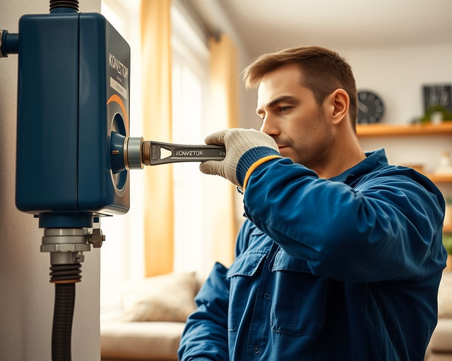Konvektor radiátor szerelése: szakember gumikesztyűben megemeli a konvektort, cső­szerelvényeket ellenőriz és biztosít, miközben csavarhúzóval rögzíti a fali tartót a falra szerelésnél.