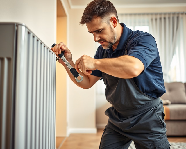 Konvektoros fűtés átalakítása: szerelő precízen eltávolítja a régi konvektort, csőszakaszokat kialakít és új termosztátot szerel fel, biztosítva a szivárgásmentes csatlakozásokat.