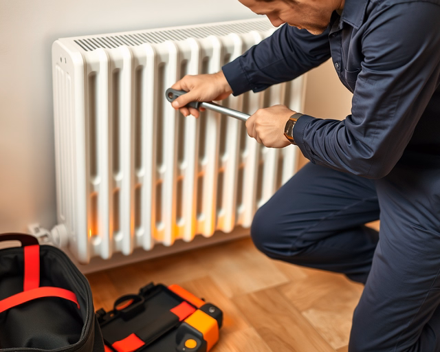 Konvektorszerelő csavarhúzóval eltávolít egy régi burkolatot a fali konvektoron, miközben ellenőrzi a csatlakozásokat és lefotózza a sérült vezetéket a dokumentációhoz.