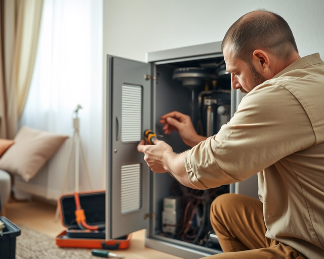 Konvektorszerviz: szerelő óvatosan szétszereli a konvektort, ellenőrzi és tisztítja a hőelemeket és ventilátort, cseréli a sérült alkatrészt, majd újra összeszereli és működéspróbát végez.