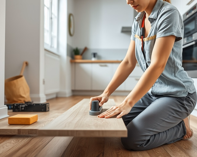 Mester precízen ragasztja a Konyhai laminált padlót: méri, vágja és illeszti a paneleket, biztosítva vízálló illesztéseket és sima, tiszta felületet a konyhában.