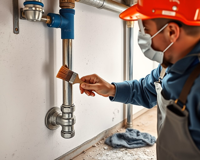 Munkás védőruhában acélszerkezetet csiszol és zsírtalanít, majd korróziógátló alapozót és festéket visz fel ecsettel és légszórópisztollyal — korrózióvédelem, acélfestés, felületelőkészítés.