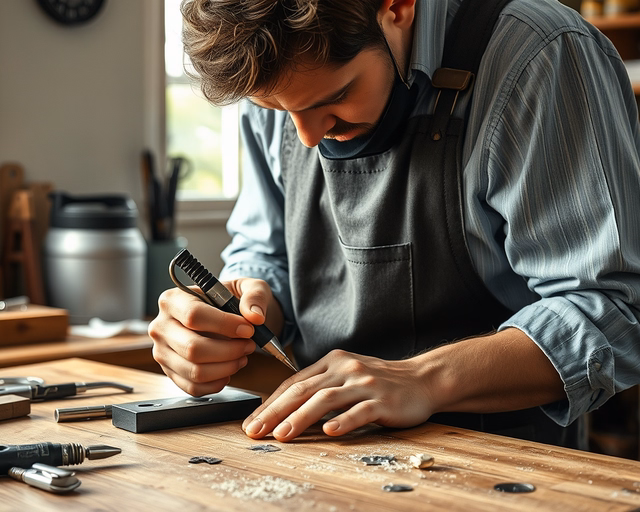 Fotó egy mesteremberről, amint megbízhatóan kulcs gravírozást végez egy irodában.