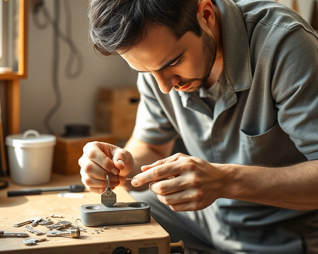 Fotó egy szakemberről, amint professzionálisan kulcs utánrendelést végez egy nappaliban.