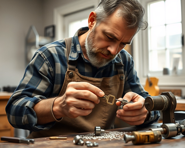 Fotó egy mesteremberről, amint körültekintően kulcskészítést végez zár alapján egy nappaliban.