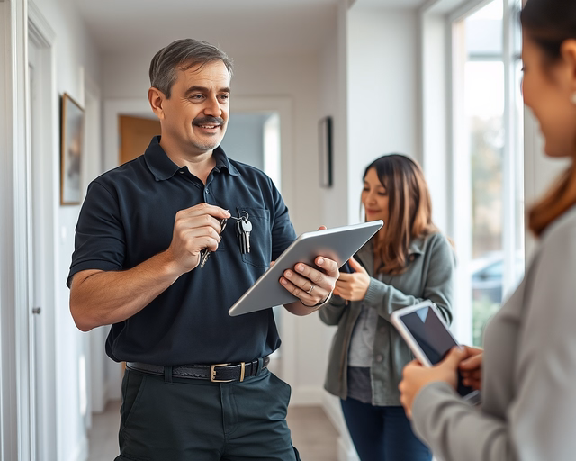 Fotó egy mesteremberről, amint professzionálisan kulcskezelési tanácsadást végez egy irodában.