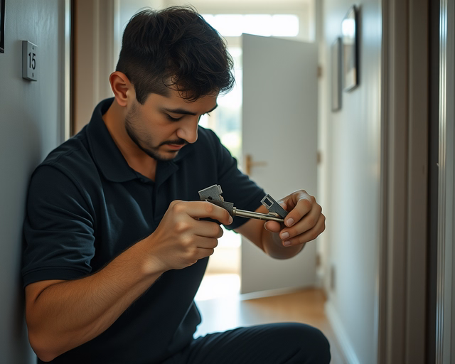 Fotó egy mesteremberről, amint szakszerűen kulcskód alapú kulcskészítést végez egy irodában.