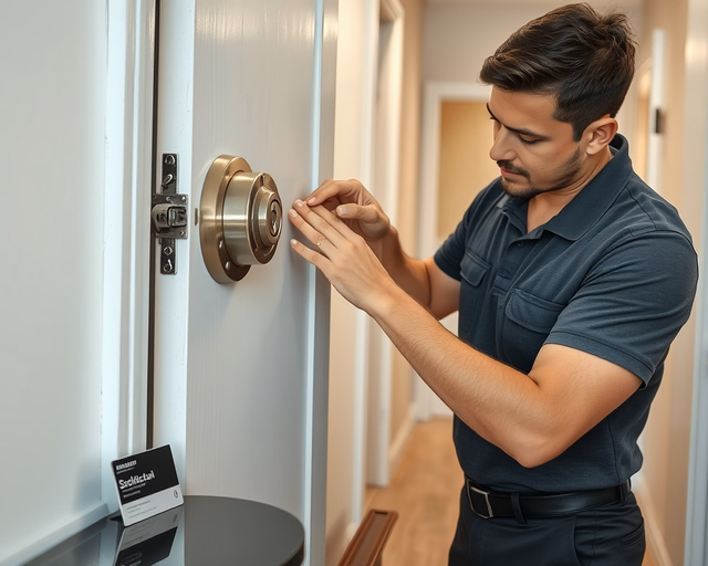 Fotó egy szakemberről, amint gondosan kulcsmásolás elleni védelmet végez egy nappaliban.