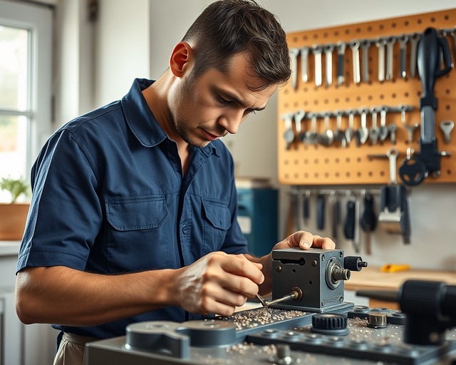 Fotó egy zárszerelőről, amint professzionálisan kulcsmásolást végez egy irodában.
