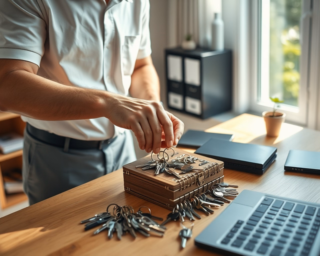 Fotó egy mesteremberről, amint precízen kulcsnyilvántartás készítést végez egy irodában.