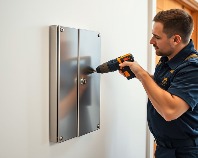 Fotó egy mesteremberről, amint professzionálisan kulcstároló szekrény telepítést végez egy irodában.