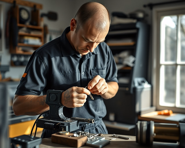 Fotó egy szakemberről, amint körültekintően kulcsvágást végez egy nappaliban.
