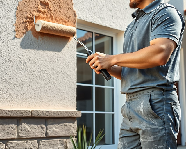 Munkások állványon külső homlokzatot színeznek: alapozás, glettelés, majd időjárásálló homlokzatfesték hengerrel és szóróval felhordva, egységes, tartós szín és védelem a homlokzatnak.