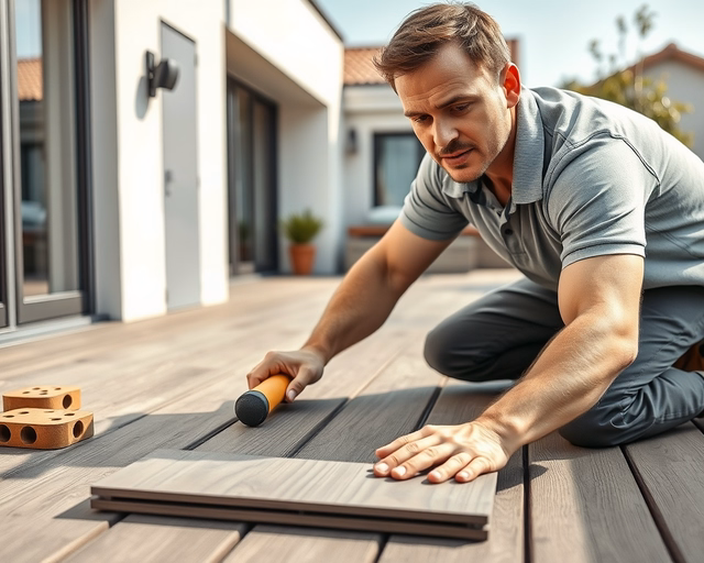 Kültéri laminált padló: szakember méricskél, láncfűrésszel pontosan vágja a deszkát, vízszigetelő alátétet helyez, majd gumihengerrel simítja és rögzíti a laminált lapot a teraszon.