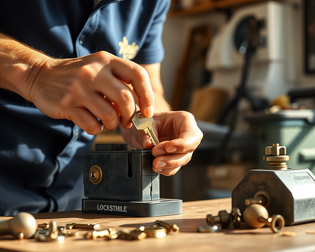 Fotó egy szakemberről, amint körültekintően lakáskulcs másolást végez egy nappaliban.