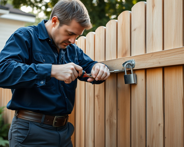 Fotó egy szakemberről, amint precízen lakat cserét végez egy kertben.