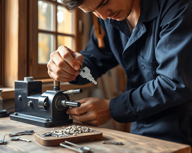 Fotó egy zárszerelőről, amint körültekintően lakatkulcs készítést végez egy kertben.