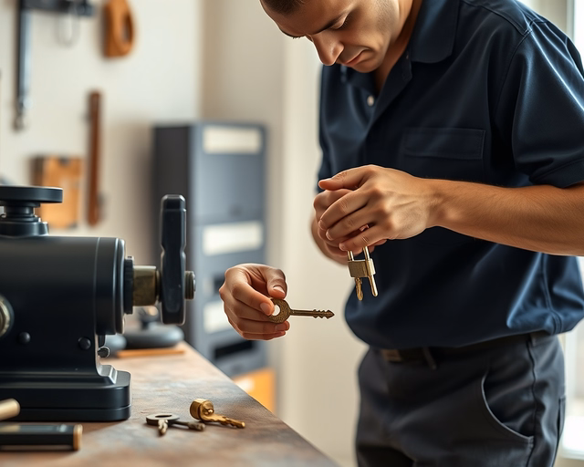 Fotó egy mesteremberről, amint professzionálisan lakatkulcs másolást végez egy kertben.
