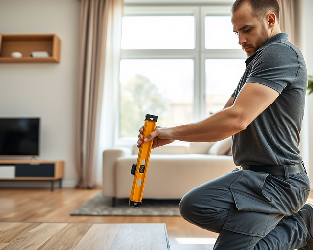 Laminált falburkolat: szakember precízen méri és ragasztja a laminált paneleket, simítja az illesztéseket és leszorítja a sávokat, látványos, tiszta végeredményt hozva létre.