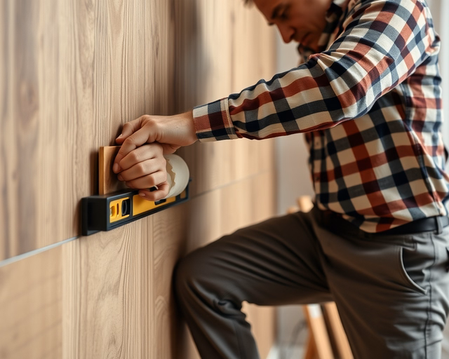 Mester precízen ragasztja és illeszti a laminált lapot a falra, simítószerszámmal eltávolítva a légbuborékokat — Laminált lap a falra munka folyamatának részlete.