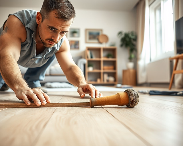 Laminált lerakása: mester pontosan illeszti a laminált padlólapot, ragasztó vagy távtartó használatával, gumikalapáccsal finoman meglendítve és illesztéseket ellenőrizve a sima felületért.