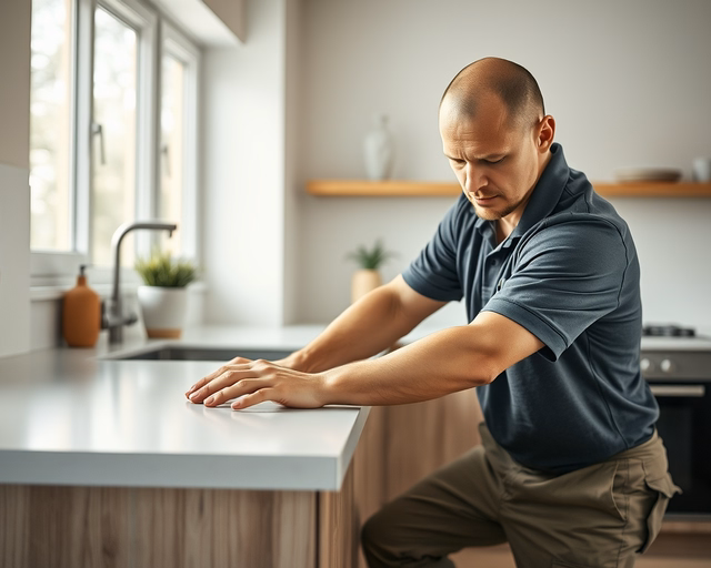 Laminált munkalap felszerelése: szerelő pontosan méri, ragasztót visz fel a pult aljára, illeszti és szorítókkal rögzíti a laminált munkalapot, miközben ellenőrzi a síkot.