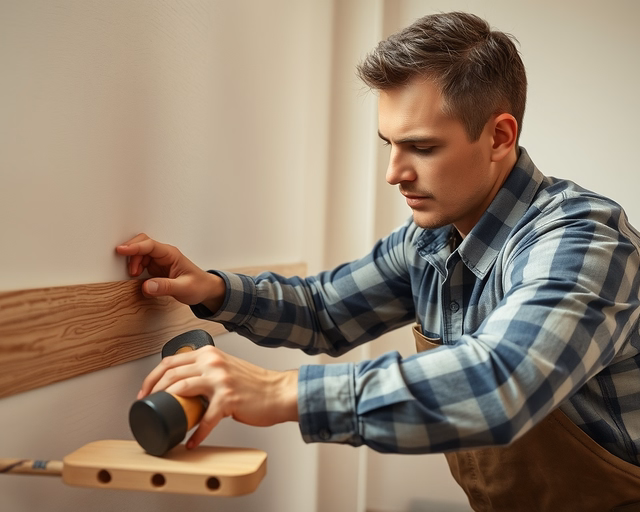 Laminált padló a falra: mester pontosan vágja és ragasztja a laminált deszkákat, simítva illeszkedéseket és eltávolítva légbuborékokat, hogy falpanelként esztétikus, egyenes felület jöjjön létre.