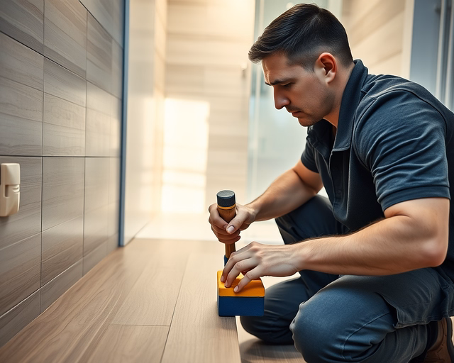 Laminált padló a fürdőszobában: szakember precízen vágja és fugázza a paneleket, vízálló szegélyt és tömítést alkalmazva a zuhanykabin körül, hogy megakadályozza a nedvesség beszivárgását.