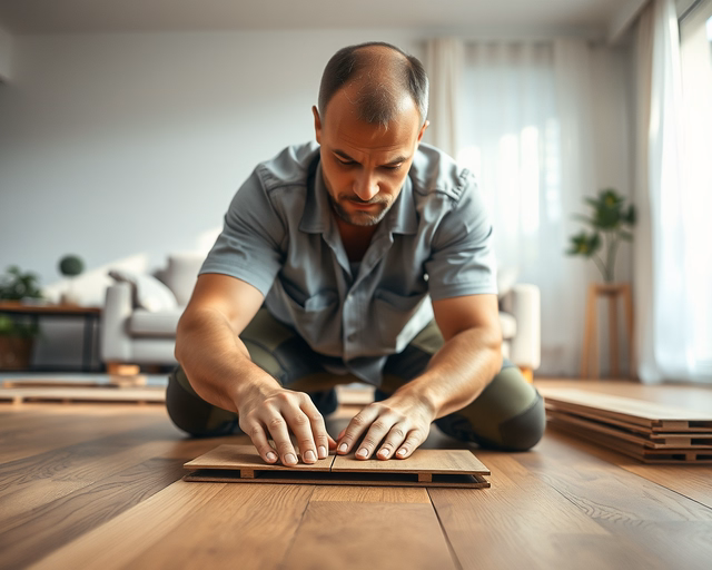 Kép: mester gondosan ragasztja a laminált padlólapot a nappaliban, pontosan illeszti a többi laphoz, kalapáccsal finoman ütögetve — laminált padló a nappaliba.