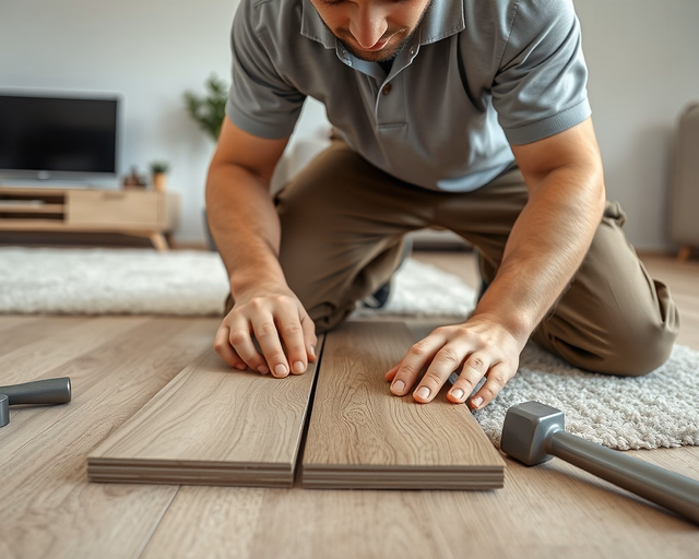 Laminált padló a szőnyegre: szakember óvatosan felhúzza és eltávolítja a régi szőnyeget, majd egyenletesen lefekteti az alátétet, hogy előkészítse a laminált padló pontos illesztését.