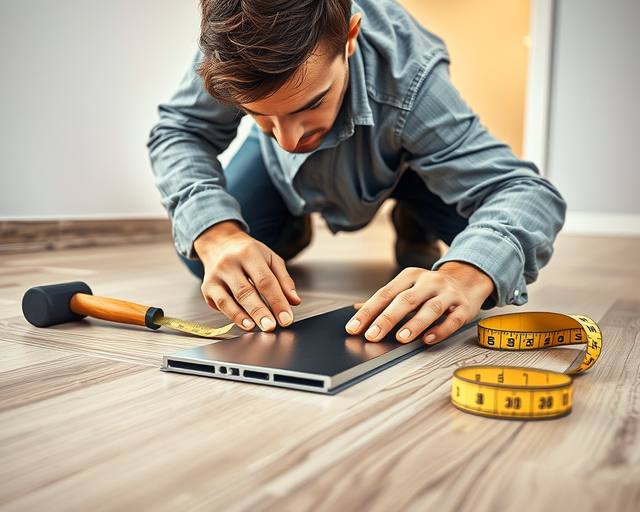 Mester precízen felragasztja a laminált padló élvédőjét: letisztítja a lapszélt, méretre igazítja az alumínium profilt, ragasztót visz fel és erősen lenyomja a szegélyt. (kulcsszó: Laminált padló élvédője)