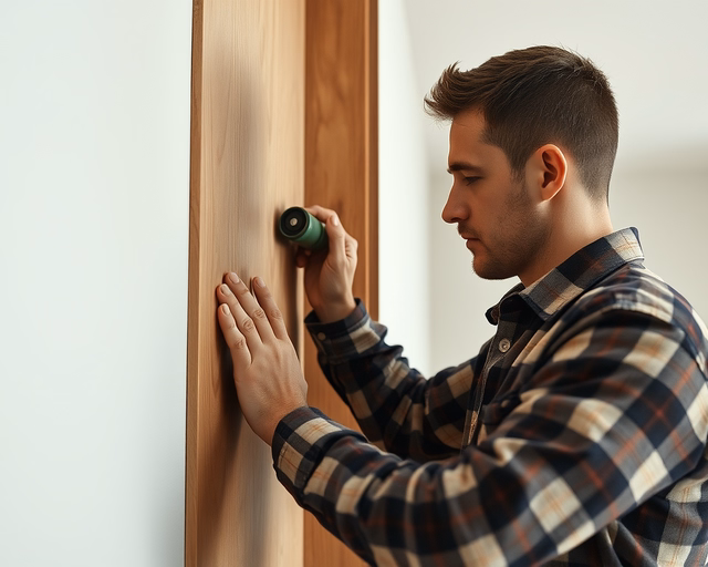 Laminált padló falra helyezése: szakember pontosen vágja és ragasztja a laminált deszkákat a falra, gumikalapáccsal igazítja, fugákat kitölti és simítja a szegélylécek rögzítése előtt.