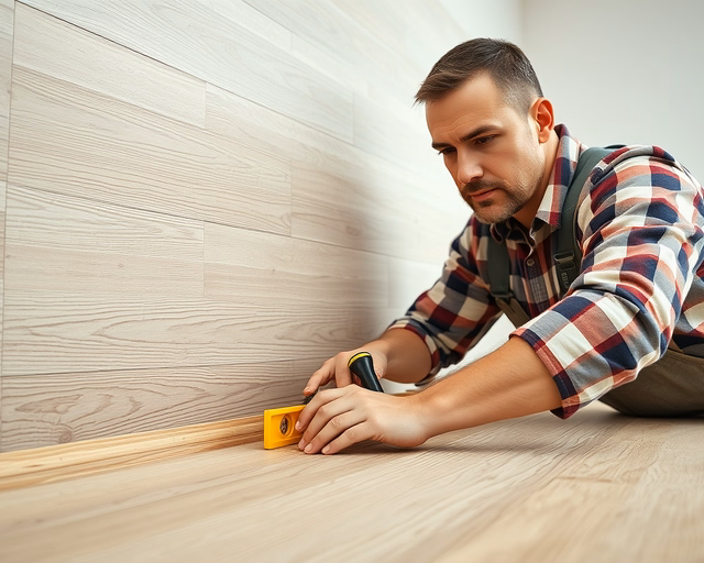 A mester precízen felragaszt egy laminált padlólapot a falra, egyenletes ragasztóréteget simít, és rögzíti a panelt, hogy a "Laminált padló falra történő felrakása" tartós és esztétikus legyen.