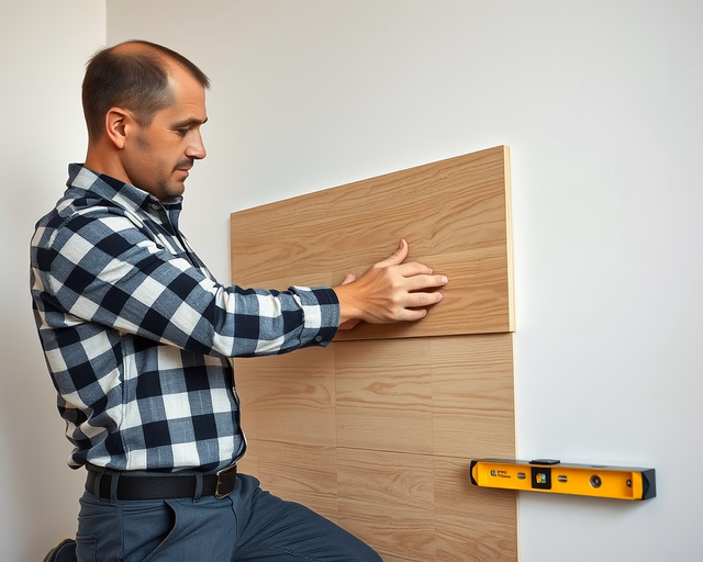 Laminált padló falra: szerelő precízen vág egy lamináltpadlólapot, majd ragasztóval és függőleges feszítéssel rögzíti a falra, simítva a réseket és illesztéseket.