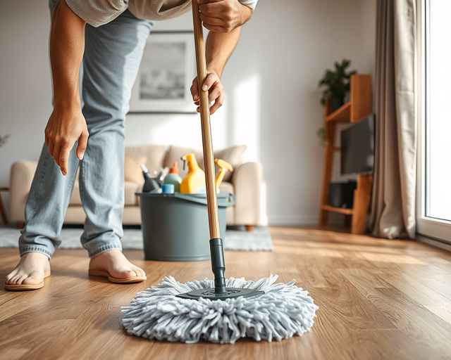 Laminált padló felmosása: takarító enyhén nedves mikroplüss mopbal lassan végigsiklik a padlón, követve a fugákat, eltávolítva a port és frissítő ragyogást hagy maga után.