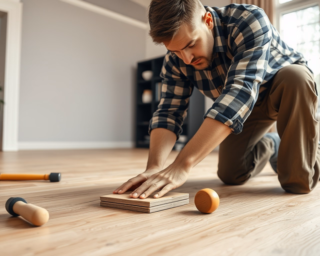 Laminált padló felújítása: szakember csiszológéppel finoman csiszolja a sérült felületet, majd portalanít, alapoz és új lakkot visz fel egyenletes ecsetvonásokkal.