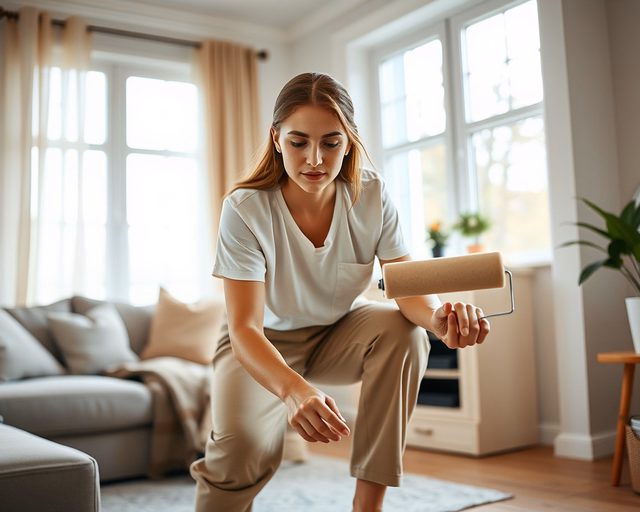 Laminált padló festése: kéz kesztyűben csiszolópapírral finoman mattítja a panelek felületét, pormentesít, majd egyenletes ecsetvonásokkal alapozó réteget visz fel.