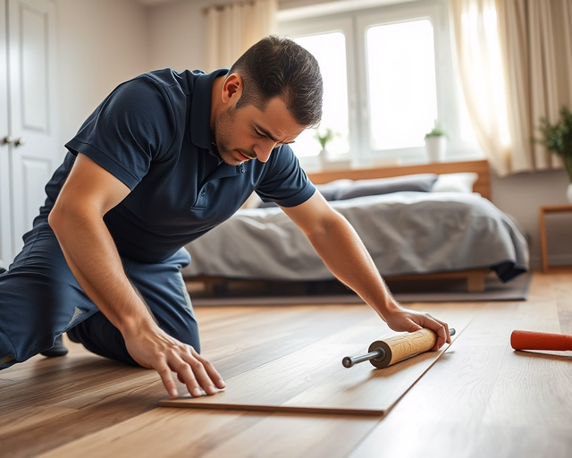 A szakember mérőszalaggal pontosan kijelöli a laminált padló (Laminált padló hálószobába) tábláinak első sorát, gondosan illesztve és klikk mechanikával rögzítve a fal mentén.