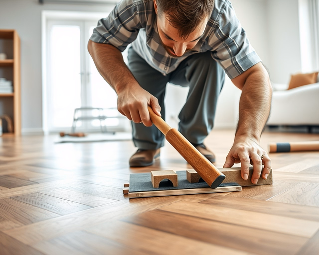 Mester precízen fekteti a laminált padlót halszálka mintával: centíroz, ragaszt és illeszt, soronként ellenőrzi a mintázat folyamatosságát és a fugák egyenletességét. Lamintált padló halszálka mintával