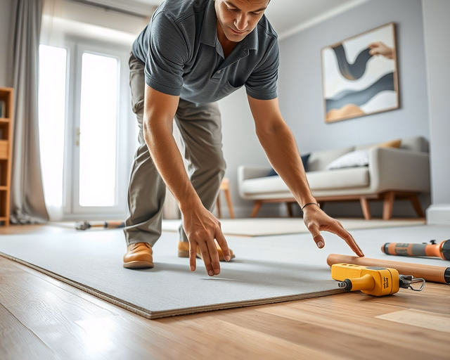 Laminált padló hangszigetelése: szakember precízen fekteti a hangszigetelő alátétet, méretre vágva, illesztve a padlólemezek alá, simítja és rögzíti a sarkoknál a tökéletes zajcsillapításért.
