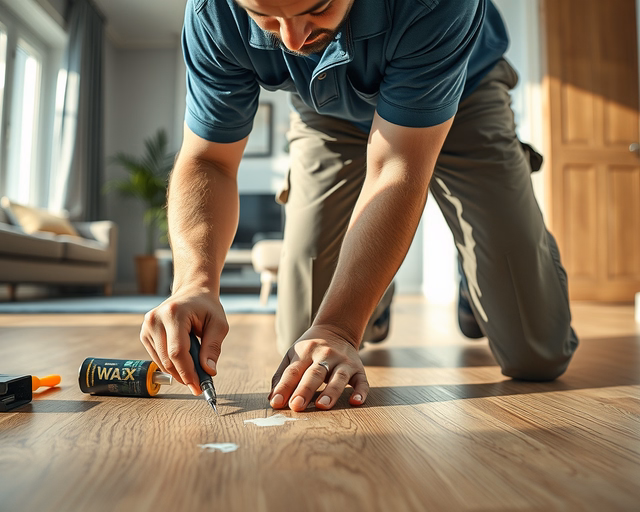 Laminált padló karcolásainak eltüntetése: szakember finoman megtisztítja a felületet, majd mikrocsiszolással és javítópasztával kitölti a karcolást, végül simít és políroz, hogy eltűnjön a sérülés.