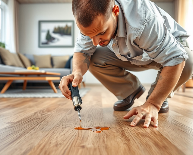 Laminált padló karcolásainak javítása: szakember finoman megtisztítja a karcos részt, speciális tömítőpasztát visz fel, simítja, majd finom csiszolás és színezés után polírozza a felületet.