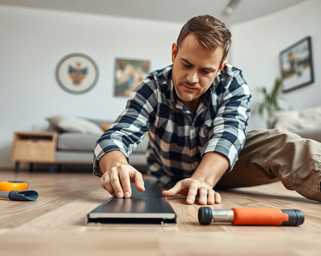 A mester precízen illeszti a laminált padló küszöbprofilját a két helyiség találkozásánál, rögzítve és szükség szerint méretre igazítva a profil (küszöbprofil) sima átmenetéért.