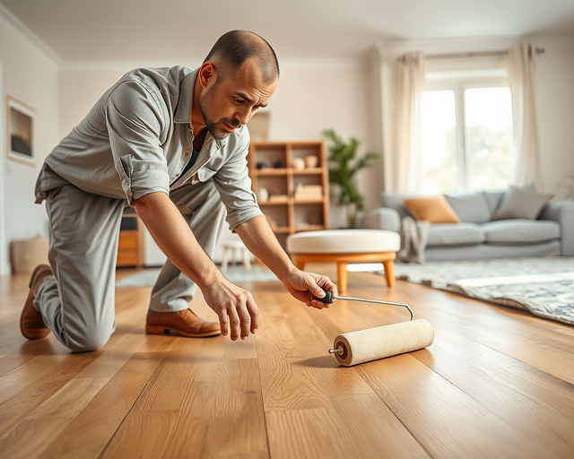 Laminált padló lakkozása: szakember finom ecsetvonásokkal egyenletesen viszi fel a fényes lakkot a tiszta laminált felületre, hogy sima, védett és vízlepergető réteg képződjön.
