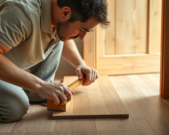 Laminált padló lerakása az ajtónál: mester pontosan méri az ajtó alatt futó hézagot, levágja a panelt ferde vágóval, és finoman illeszti a bordázott élhez, ügyelve a dilatációs résekre.