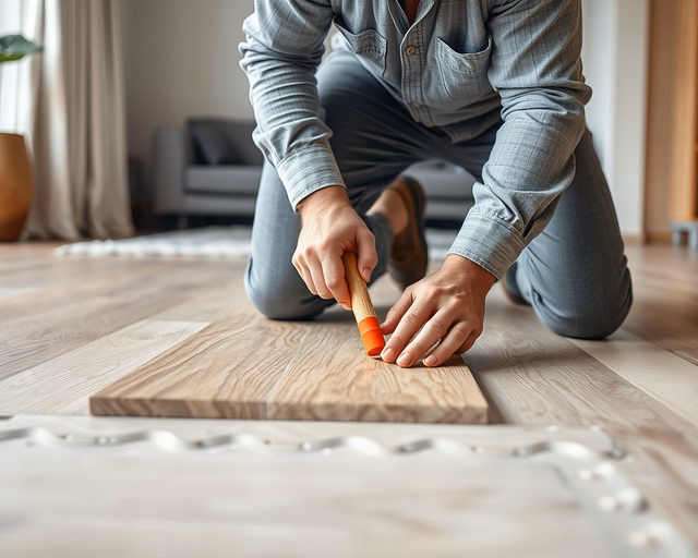 Laminált padló lerakása betonra: munkás precízen kiegyenlíti a betonfelületet, alátétet terít, majd soronként hangszigetelő réteggel és távtartókkal illeszti és ragasztás nélkül kattintással rögzíti a laminált padlólapokat.